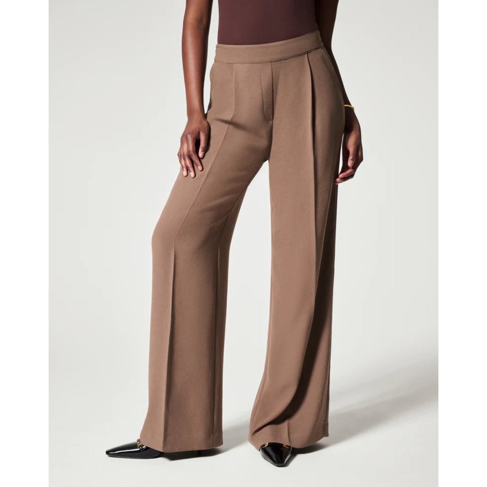 SPANX Wide-Leg Pleated Trousers in Taupe